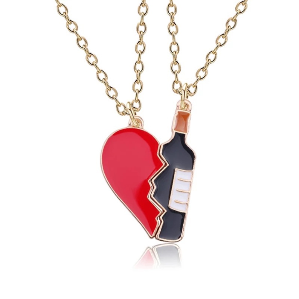 Best Friends Heart & Wine Bottle Split Pendant Necklace Gold Tone NWT